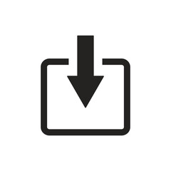 Fototapeta premium Simple black download icon with a downward pointing arrow inside a square symbol