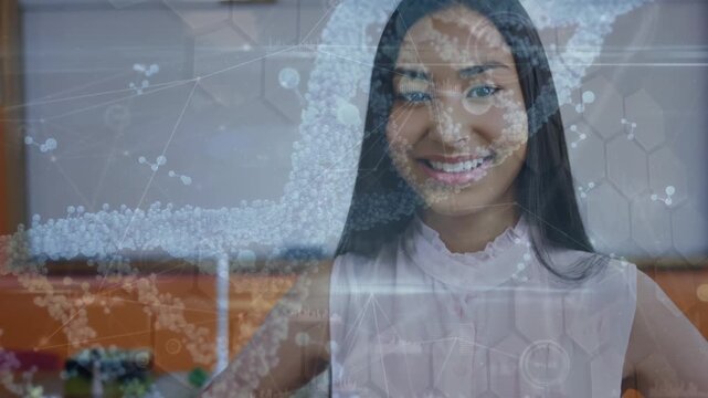 Animation of network of connections and dna strand over asian student
