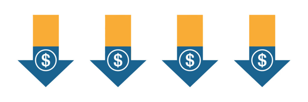 Trendy cost reduction vector icon set with colorful business savings signs, financial optimization symbols, budget decrease elements and modern flat design for corporate and finance projects