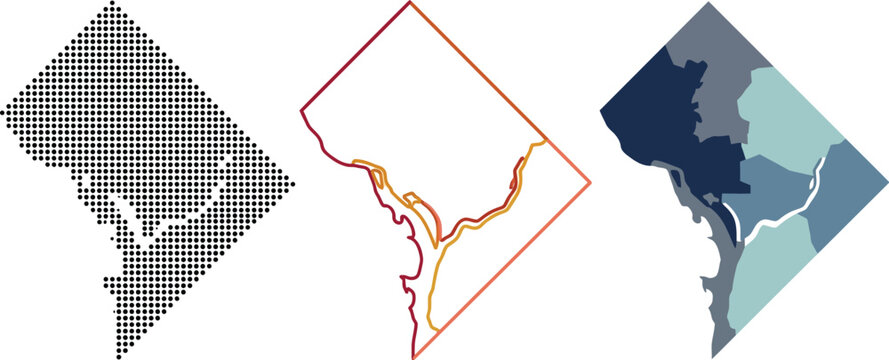 Washington DC map vector illustration set featuring dotted outline linear border and flat colored regions for professional graphic design usage