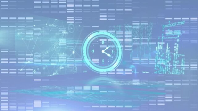 Animation of moving columns over clock and data processing on blue background