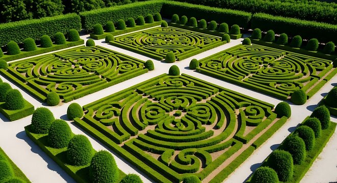 An aerial view of a symmetrical formal garden with four intricate green hedge mazes. bukszpan