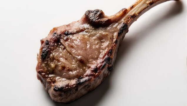 Grilled Lamb Chop on White Background, Close-Up View.