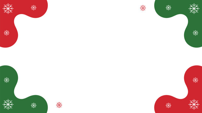 Christmas holiday background with red and green organic liquid corner shapes and white snowflake on a plain white rectangular frame