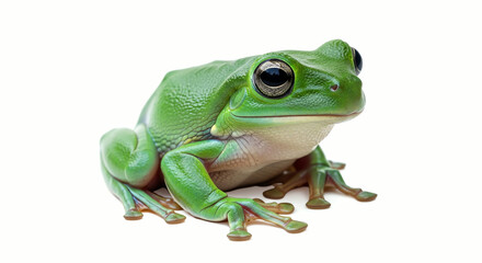 Fototapeta premium Vibrant green tree frog with large, expressive eyes on a clean white background.