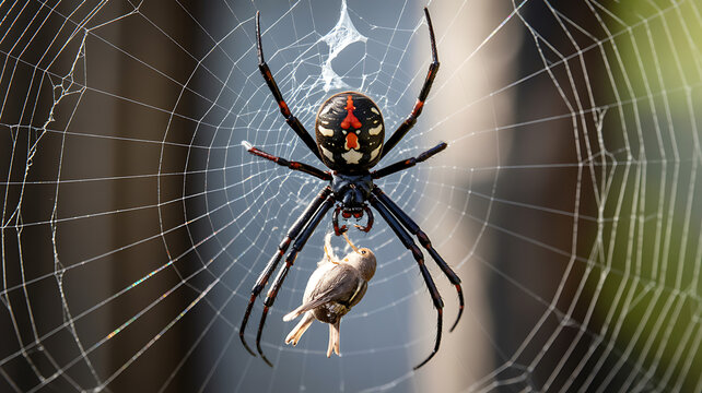 Spider's Deadly Web: A close-up view unveils a large spider with a striking presence, its intricate web capturing the essence of nature's design.