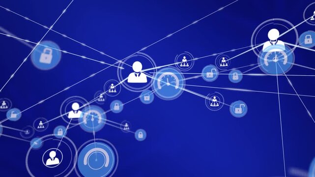 Animation of profile, lock and speedometer icons connecting dots on blue digital interface