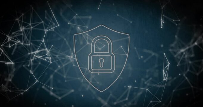 Animation of security padlock icon over network of connections against blue background