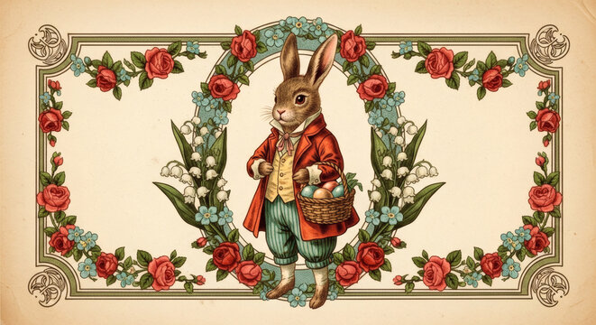 Nostalgic Victorian-era Easter postcard illustration featuring a dressed anthropomorphic bunny in vintage collage style with chromolithography aesthetics, delicate floral borders, and aged sepia tones