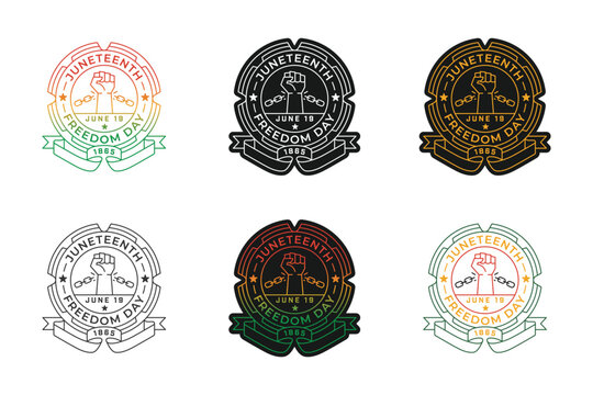 Juneteenth emblems in various colors each featuring a raised fist broken chains and the date June 19 1865