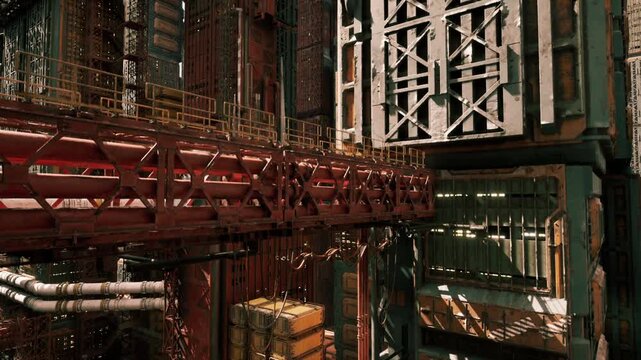 salvage platform filled with reclaimed crates and stacked pallets, hoists and chains suspending loads, dented metal and scratched surfaces, toolbox and spare