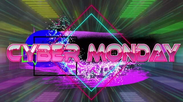 Animation of cyber monday text over abstract banner against neon tunnel in seamless pattern