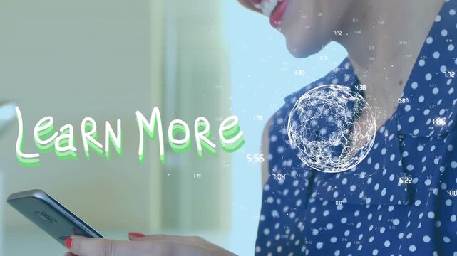 Animation of learn more text and globe over caucasian woman using smartphone
