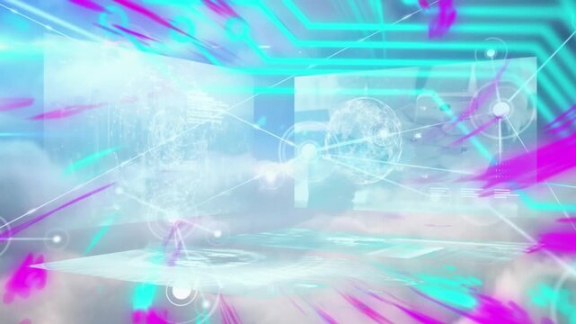 Animation of lights, integrated circuit and data on digital screens on navy background
