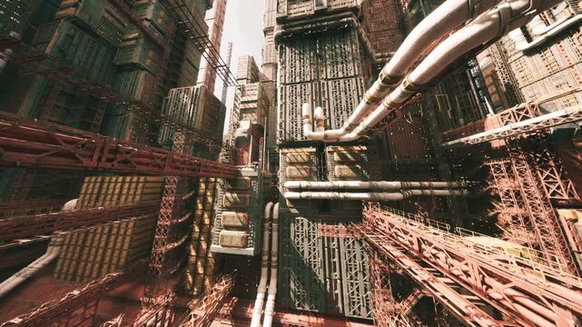 complex vertical junction of sky bridges and suspended walkways, interlaced rails and mechanical hubs, strong perspective with bright backlight and industrial