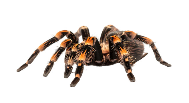 Large tarantula spider with orange and black hairs on legs and body isolated on a transparent background