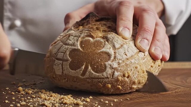Slicing Fresh Rustic Bread with Crusty Exterior and Floral Pattern in Kitchen