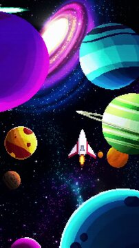 Pixel art video of a rocket in space, surrounded by colorful planets. Top-down angle. Live mobile wallpaper.