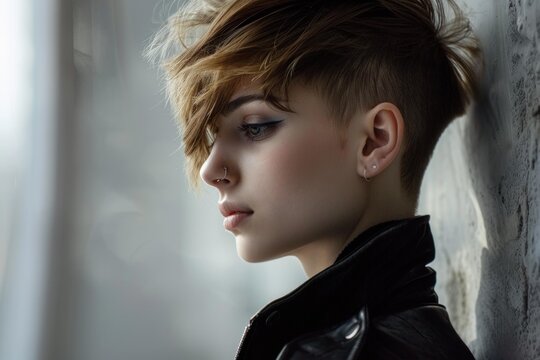 Close up profile of fashionable androgynous young person with undercut hairstyle and piercings wearing black leather jacket
