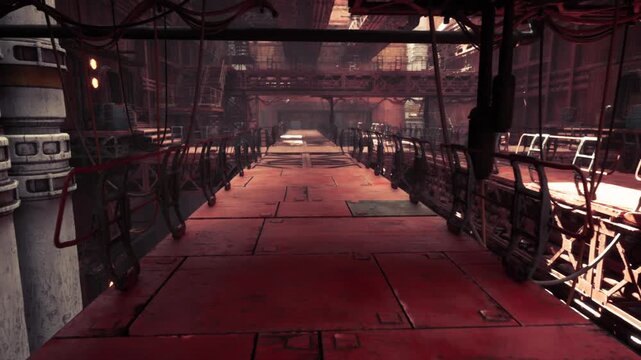 futuristic cargo bridge lined with heavy panels, loading bays, neon accents, suspended cranes, freight crates, logistic pathways, drone staging, glossy steel,