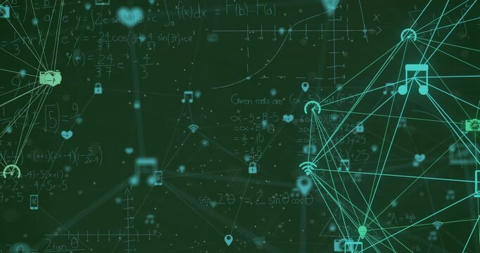Animation of network of connections with icons over mathematical equations on black background