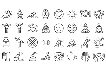Fototapeta premium Fitness and mental health icons set for healthcare applications