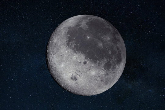 High-detail composite of the full moon isolated against a vibrant, starry night sky. The image showcases crisp lunar craters, surface textures, and "seas" in a cinematic, astronomical view.