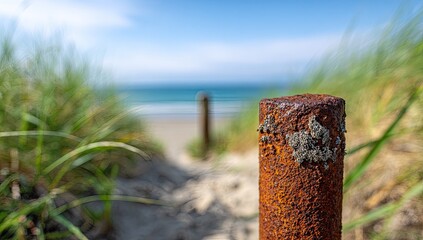 Fototapeta premium A weathered, rusty metal post in focus, leading to a sandy path and blurred ocean