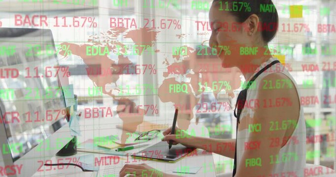 Composite of financial data processing over businesswoman using computer in office