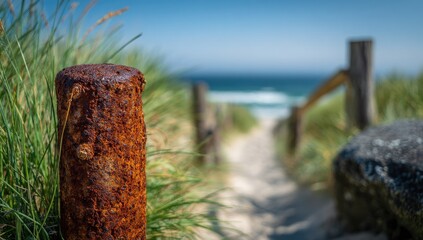 Fototapeta premium A weathered, rusty post on the beach path leads towards the ocean, with dunes in the foreground