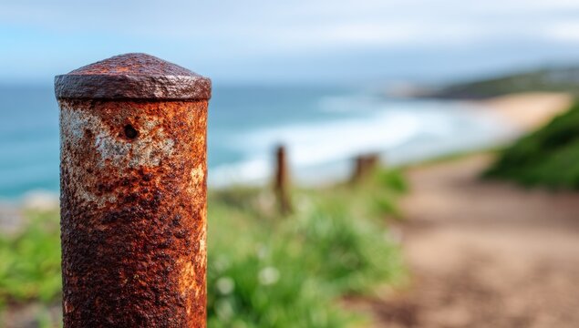 Rusty post on a seaside path, overlooking the ocean with a sandy beach and greenery