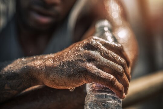 Close-up of a sweaty hand gripping a water bottle, illuminated by sunlight