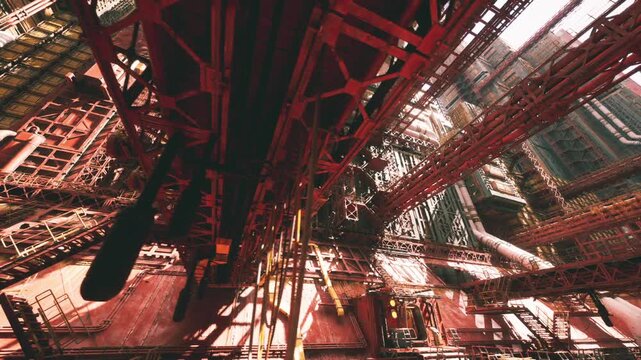 Red pipework corridor from low angle, dense tangle of valves, joints and insulated ducts forms mazelike industrial environment with directional light