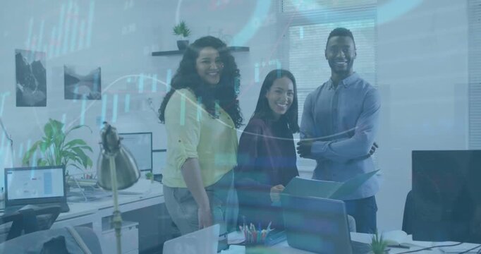 Animation of financial data processing over diverse businesswomen in office