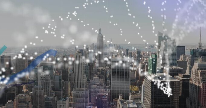 Animation of dna structure spinning and statistical data processing over aerial view of cityscape