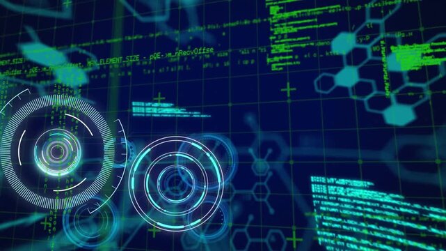 Animation of round scanners, data processing and hexagonal shapes against blue background