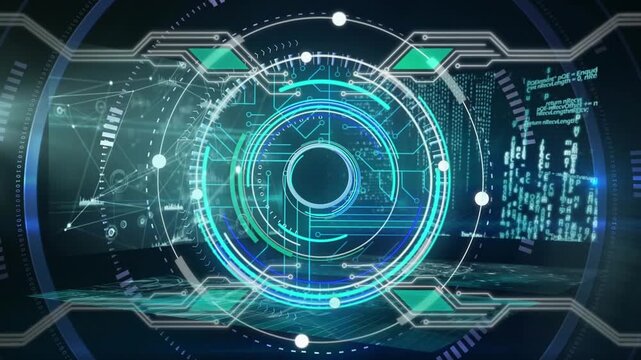 Animation of round scanner and microprocessor connections over screens with data processing