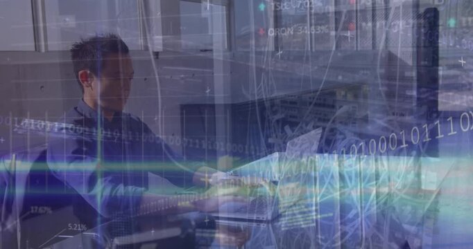 Animation of stock market data processing over asian businessman using laptop at office