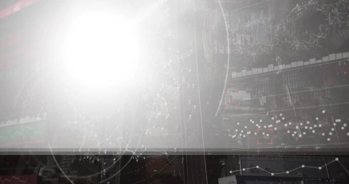 Animation of light spot over interface with data processing against aerial view of cityscape