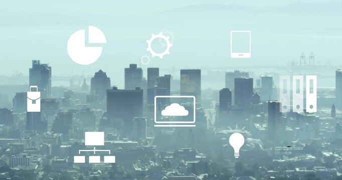 Animation of multiple digital icons floating against aerial view of cityscape