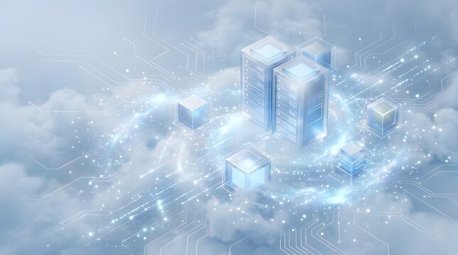 Futuristic digital landscape with glowing server towers data cubes and abstract network connections in a cloudy sky