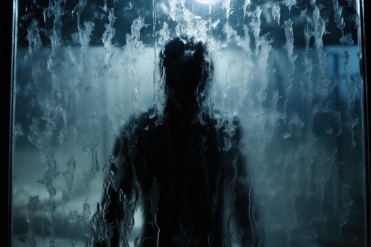 Silhouetted figure standing behind glass with water streaks and droplets creating a dark, moody atmosphere