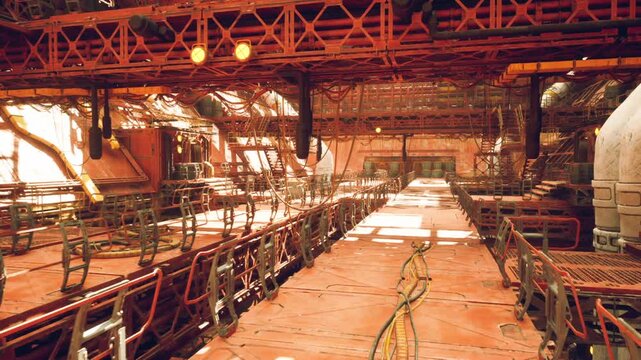 wide service deck with scattered cables and maintenance tools, warm midday light and long tablelike platforms, suggests active repair scenario or safety