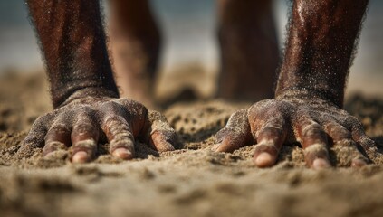 Obraz premium Close-up of hands and feet in sand, emphasizing texture and the natural environment