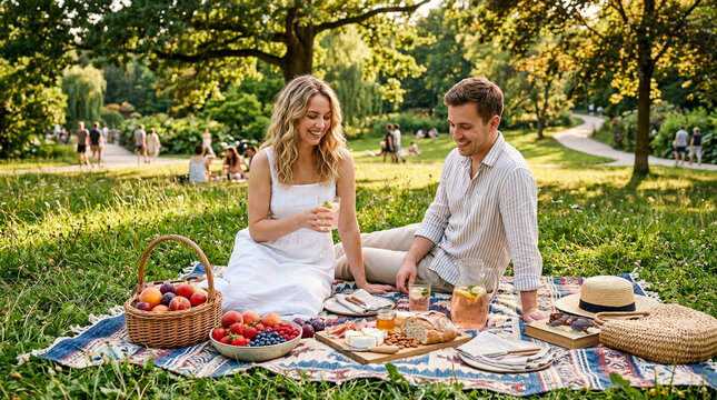 Escena de picnic en parque con comida fresca y ambiente relajado de verano.