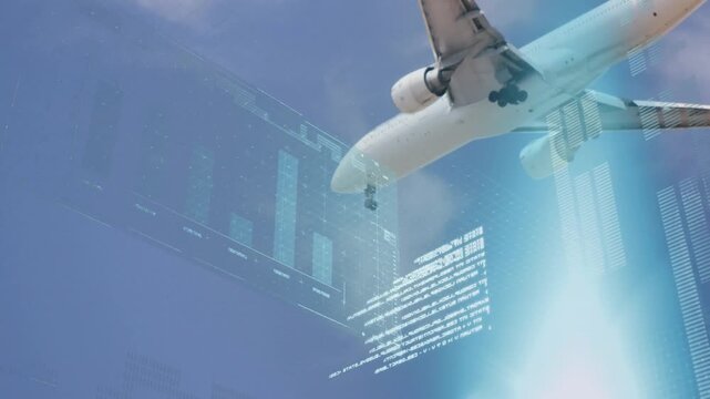 Animation of graphs, computer language over low angle view of flying airplane against cloudy sky