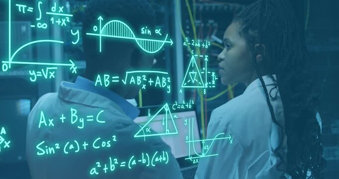 Animation of mathematical equations, diagrams, african american engineers discussing in server room