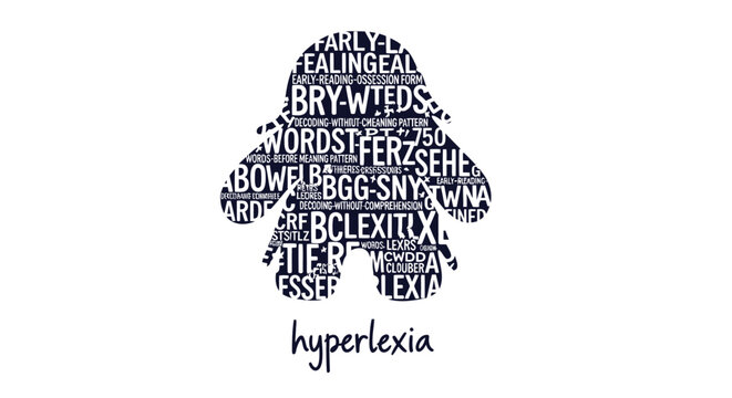 Hyperlexia words, typographic bear, word art, text illustration, learning disorder concept