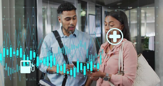 Animation of graphs, changing numbers, icons, diverse coworkers discussing reports on digital tablet