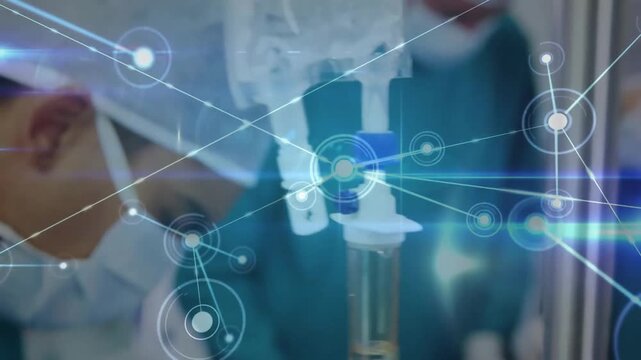 Animation of network of connections with spots over diverse surgeons during surgery